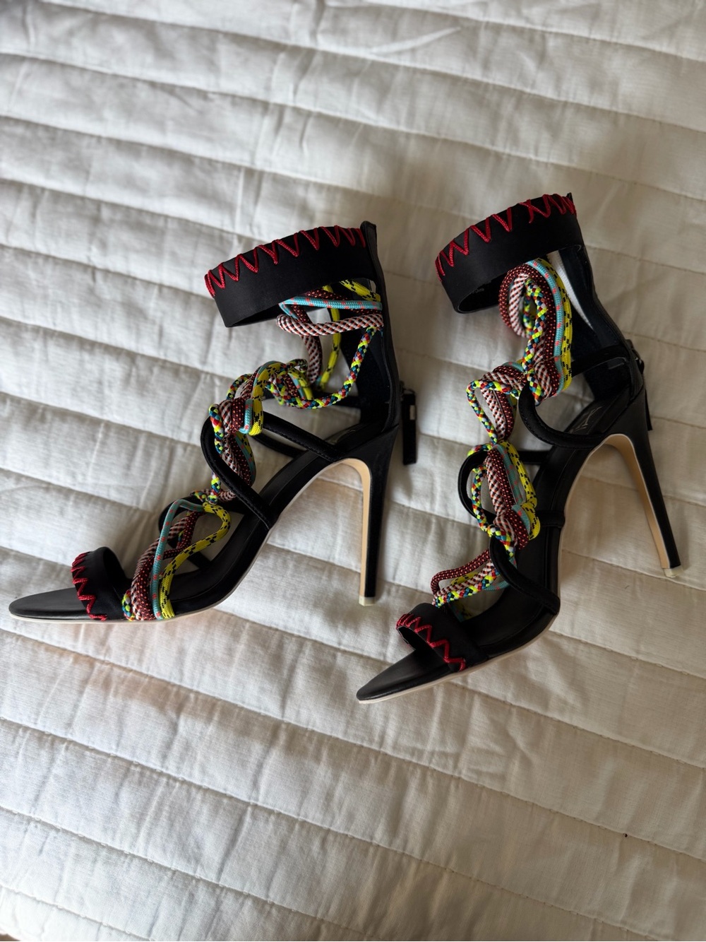 GX by Gwen Stefani Black Stiletto Sandals with Multicolor Braided Rope